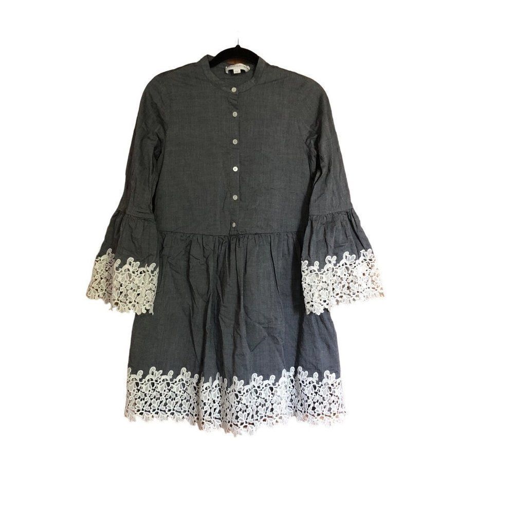 Robert Rodriguez Dress Cotton Gray White Lace Trim Bell Sleeve Size 4